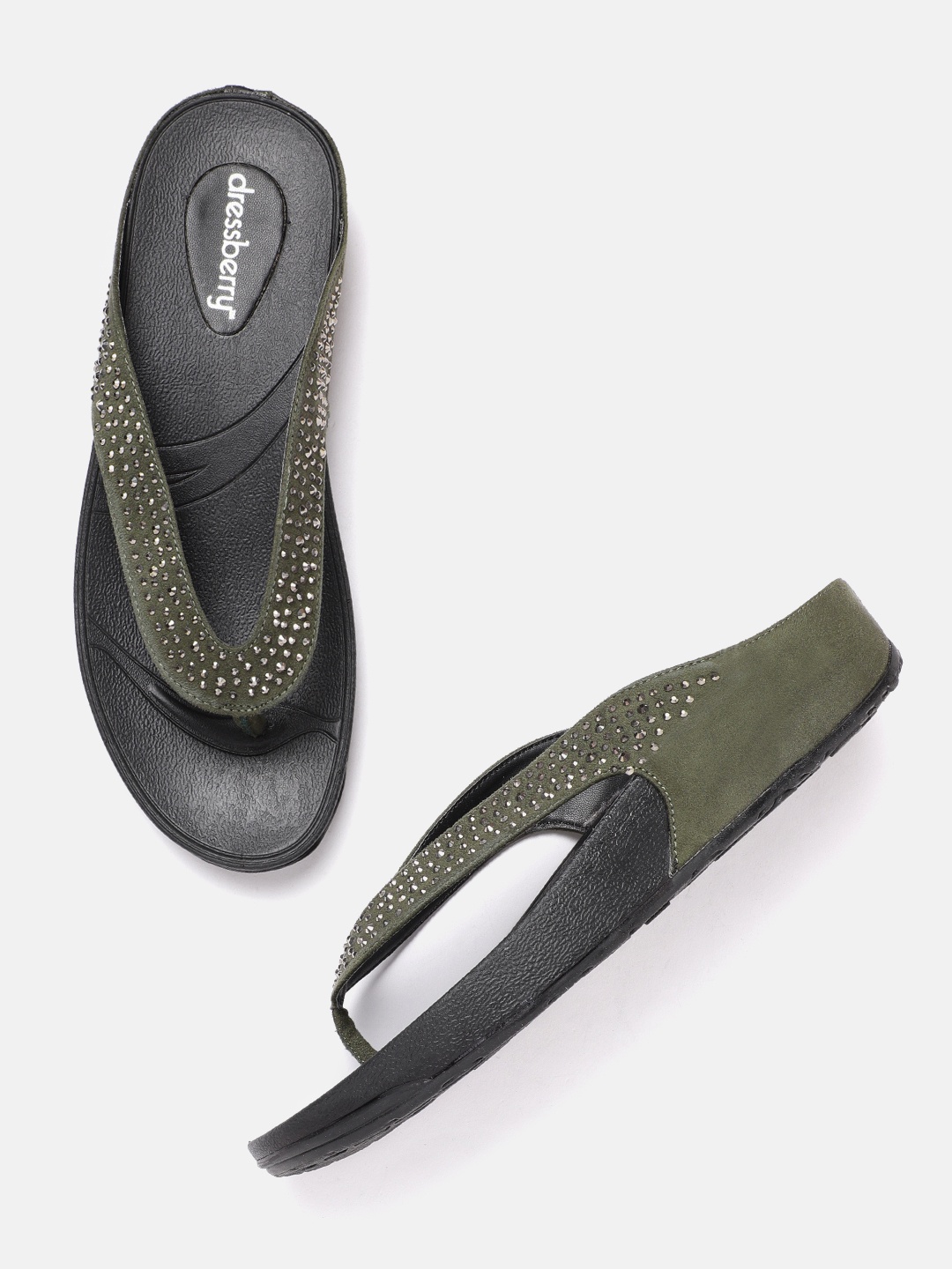 

DressBerry Women Olive Green Embellished Open Toe Flats