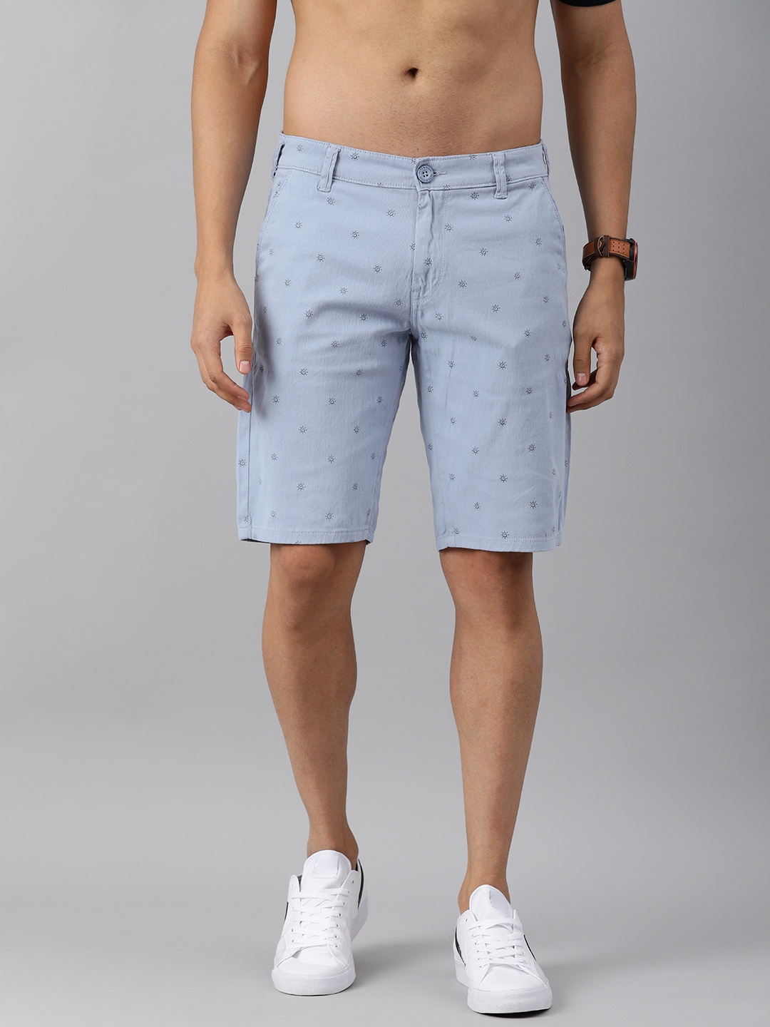

HERE&NOW Men Blue Printed Slim Fit Mid-Rise Chino Shorts