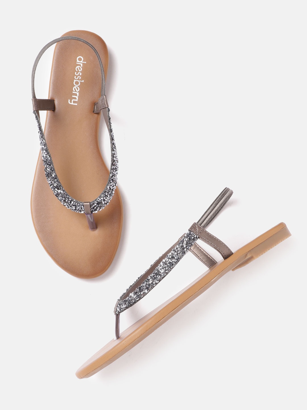 

DressBerry Women Gunmetal-Toned Studded Open Toe Flats, Metallic