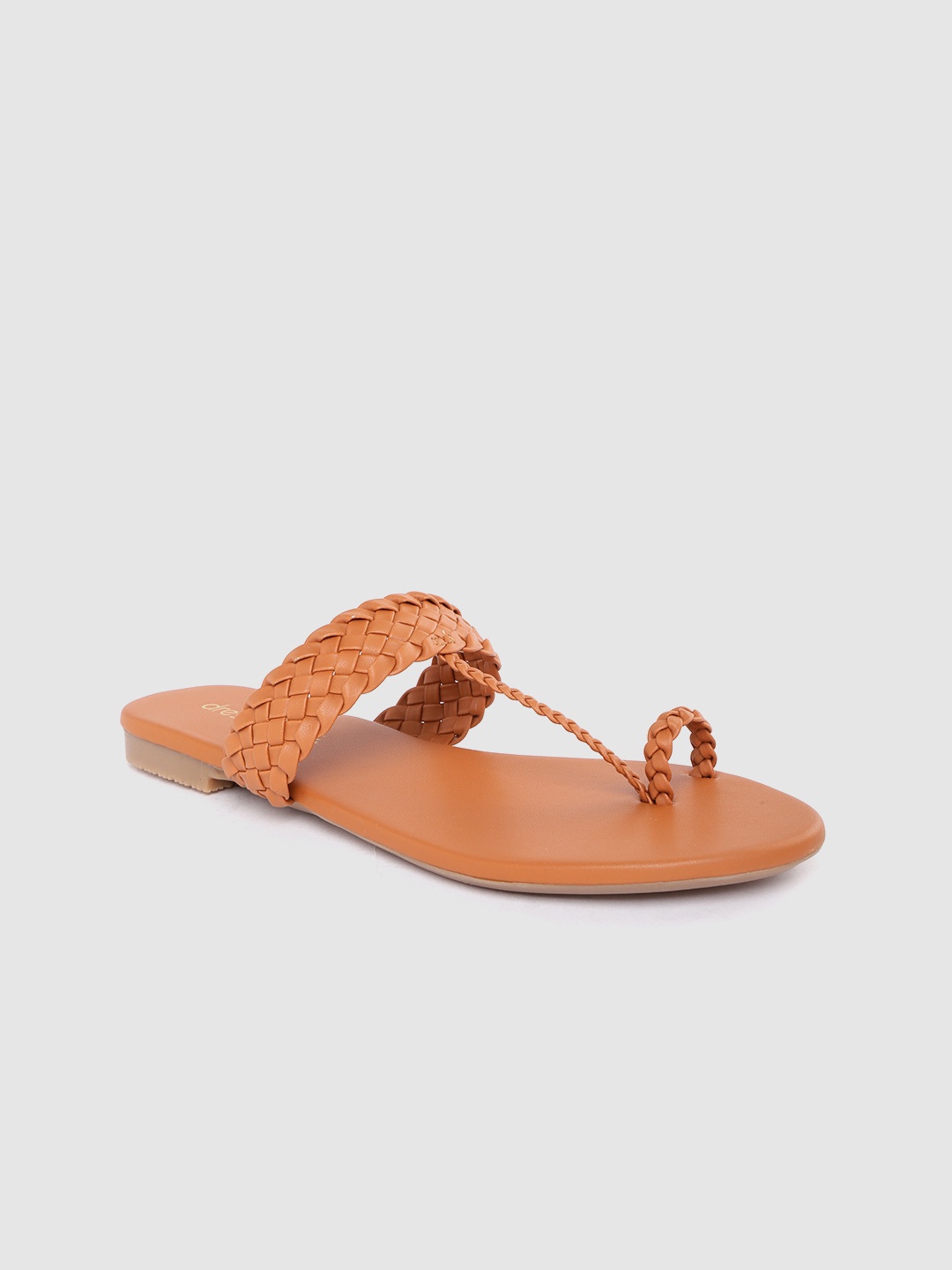 

DressBerry Women Tan Brown Braided Basket Weave Textured One Toe Flats