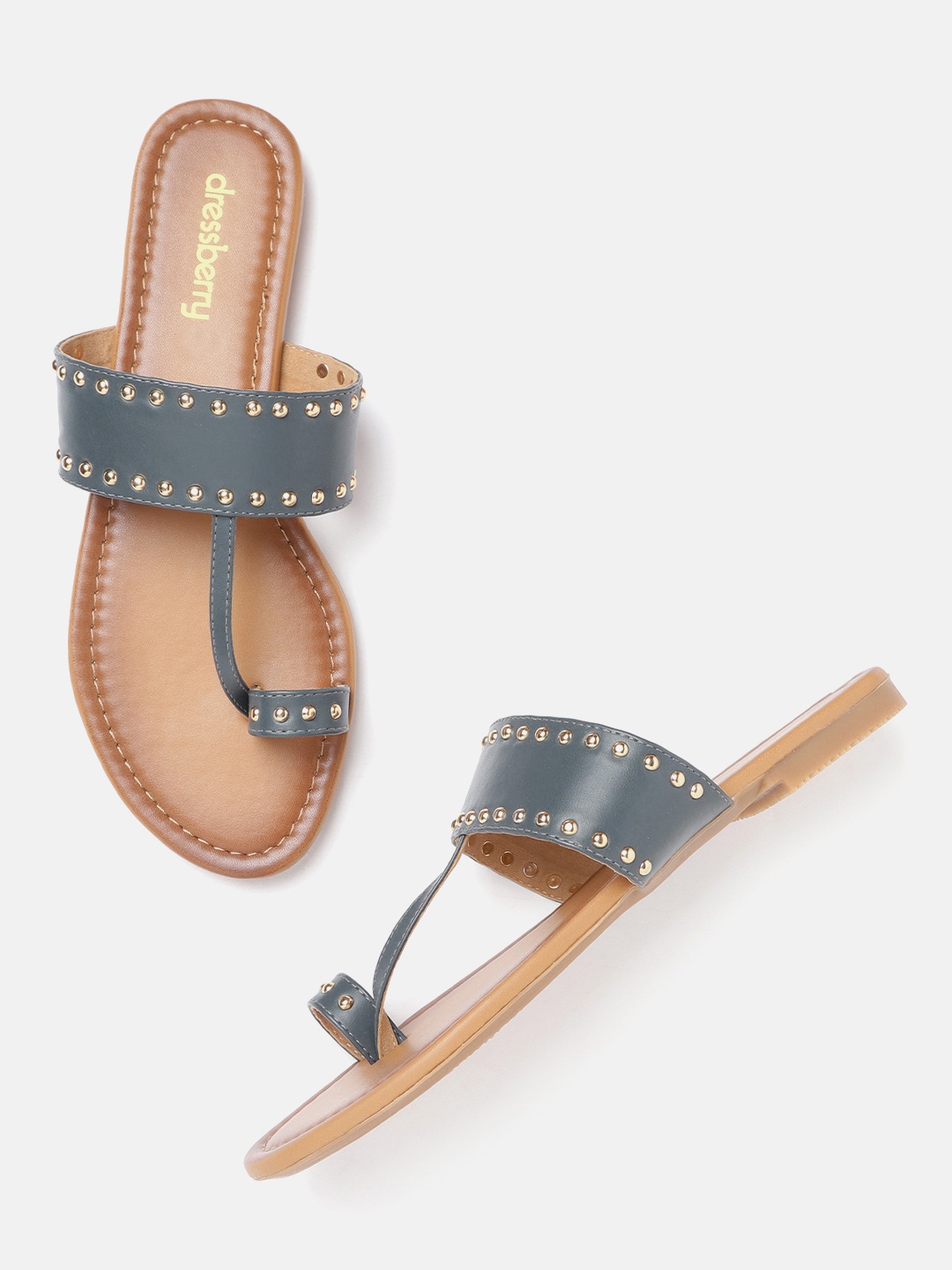 

DressBerry Women Teal Blue & Gold-Toned Embellished Open Toe Flats