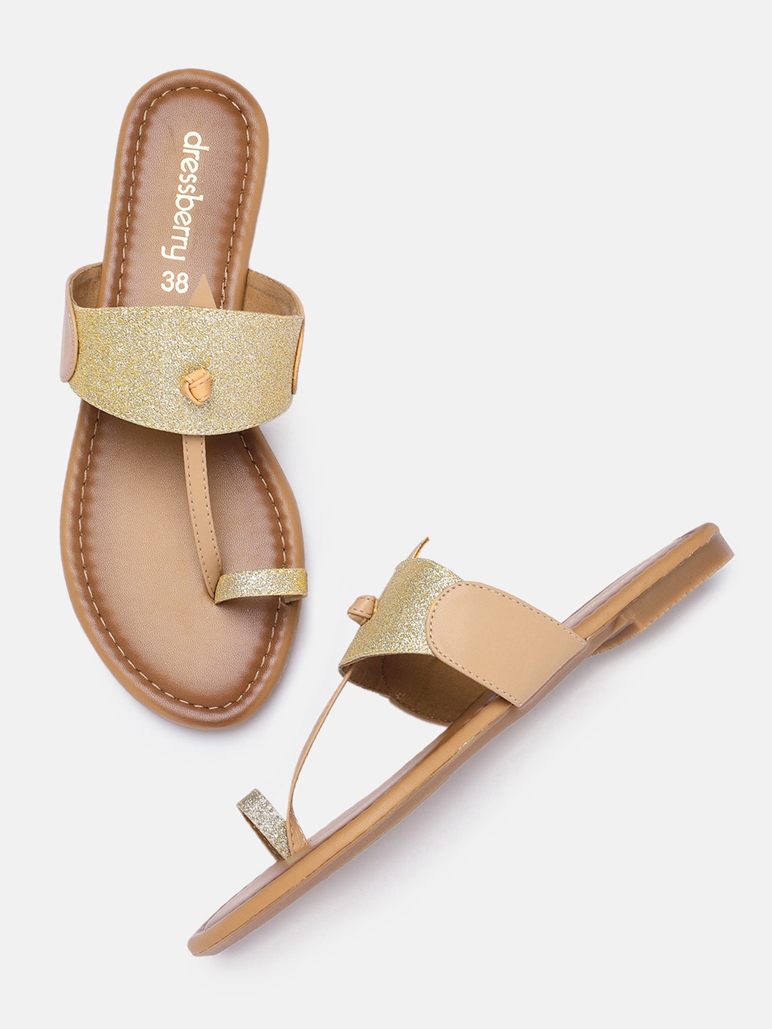 

DressBerry Women Gold-Toned Embellished Open Toe Flats