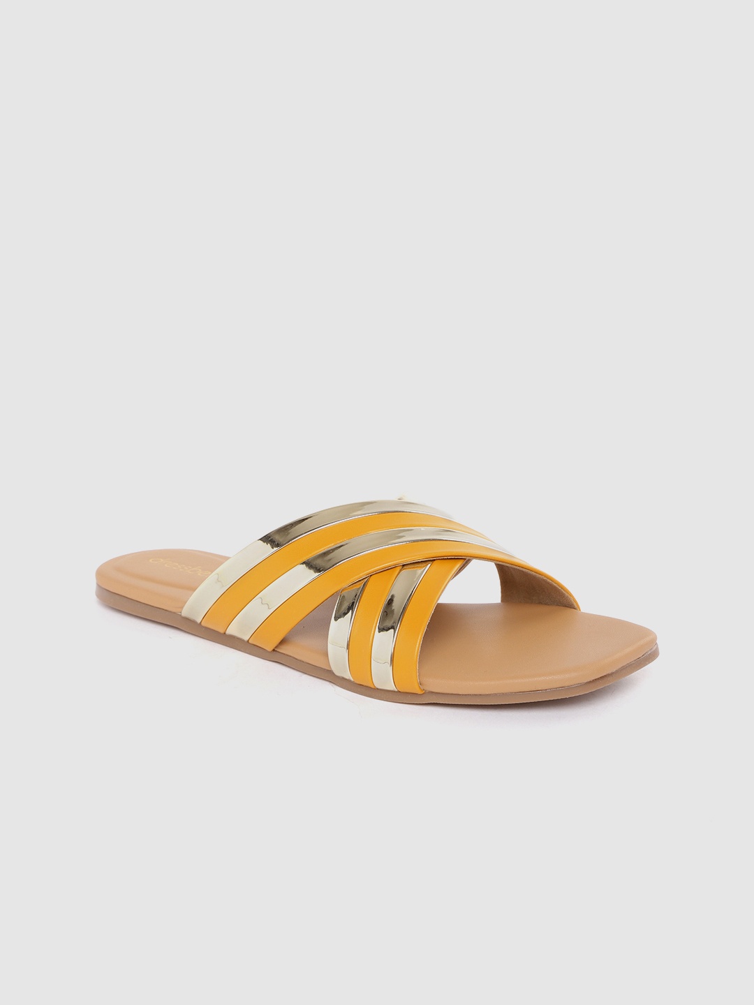 

DressBerry Women Mustard Yellow & Gold-Toned Striped Criss-Cross One Toe Flats
