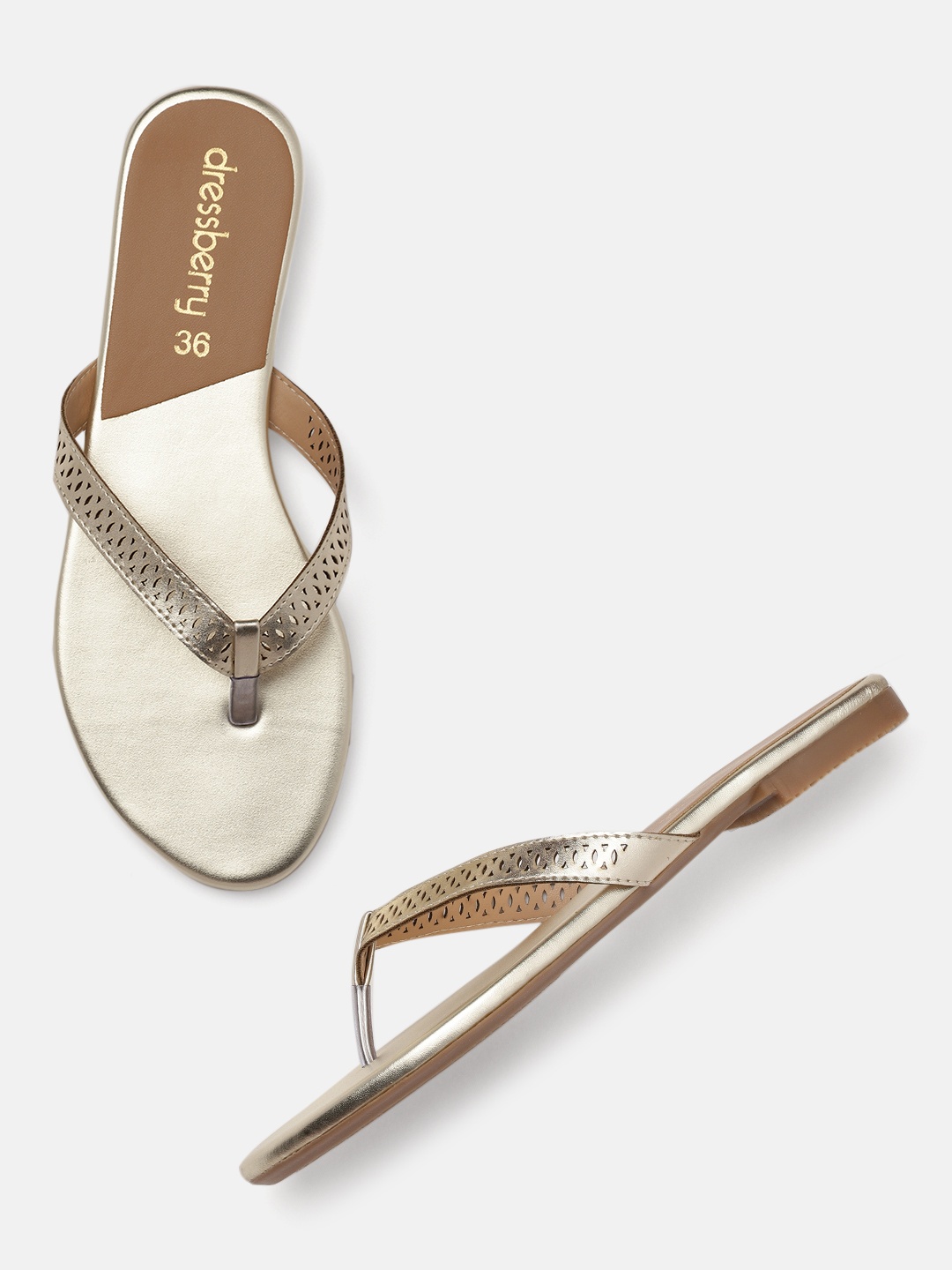 

DressBerry Women Gold-Toned T-Strap Flats with Laser Cuts