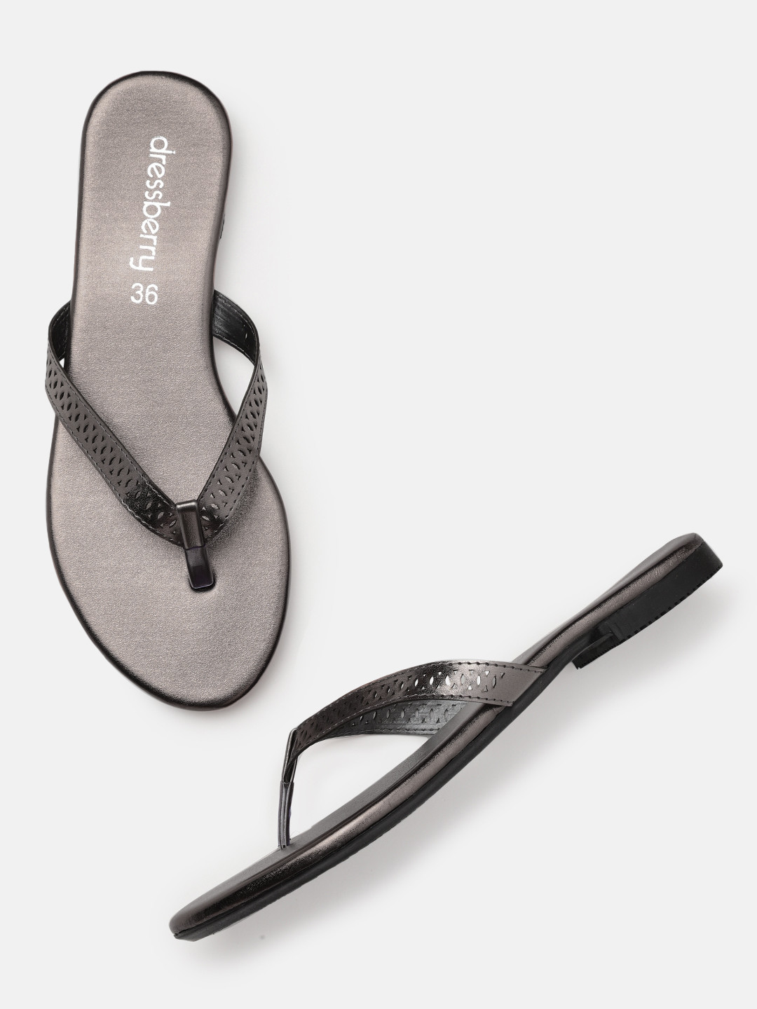 

DressBerry Women Grey T-Strap Flats with Laser Cuts
