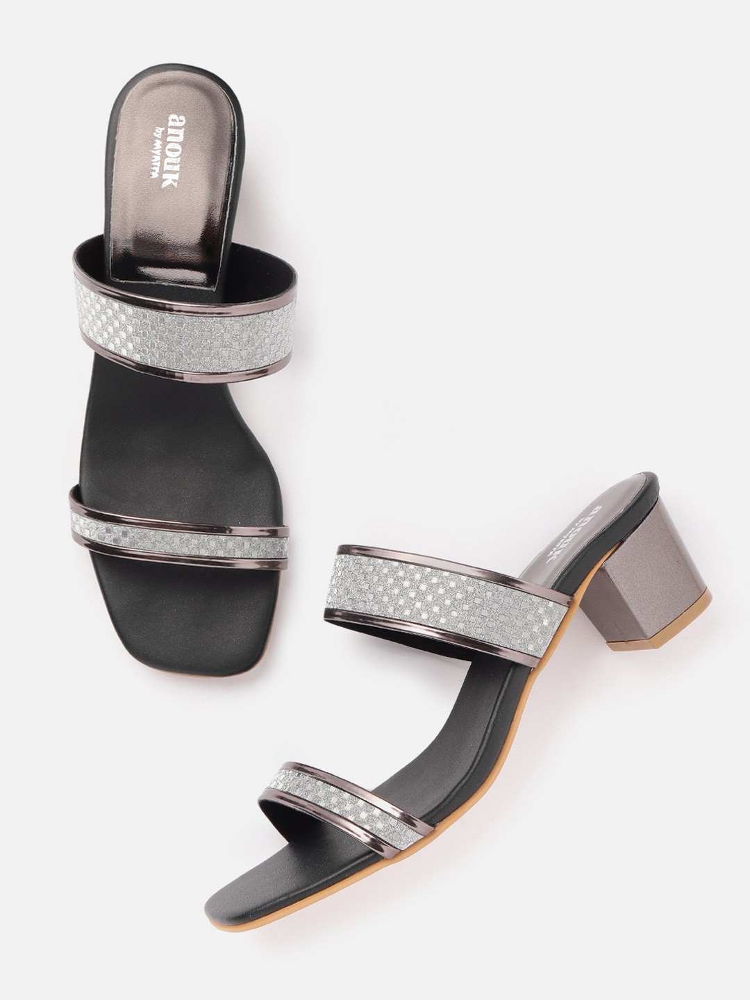 

Anouk Women Metallic & Silver-Toned Glitter Effect Textured Block Heels