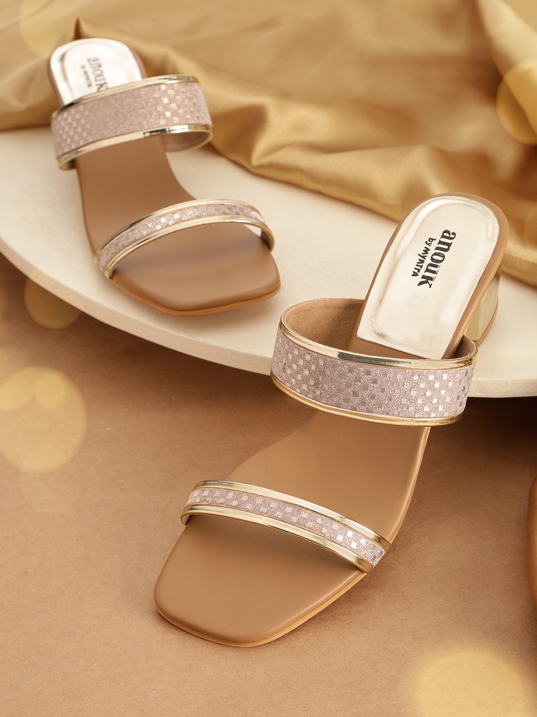 

Anouk Women Pink & Gold-Toned Glitter Effect Textured Block Heels