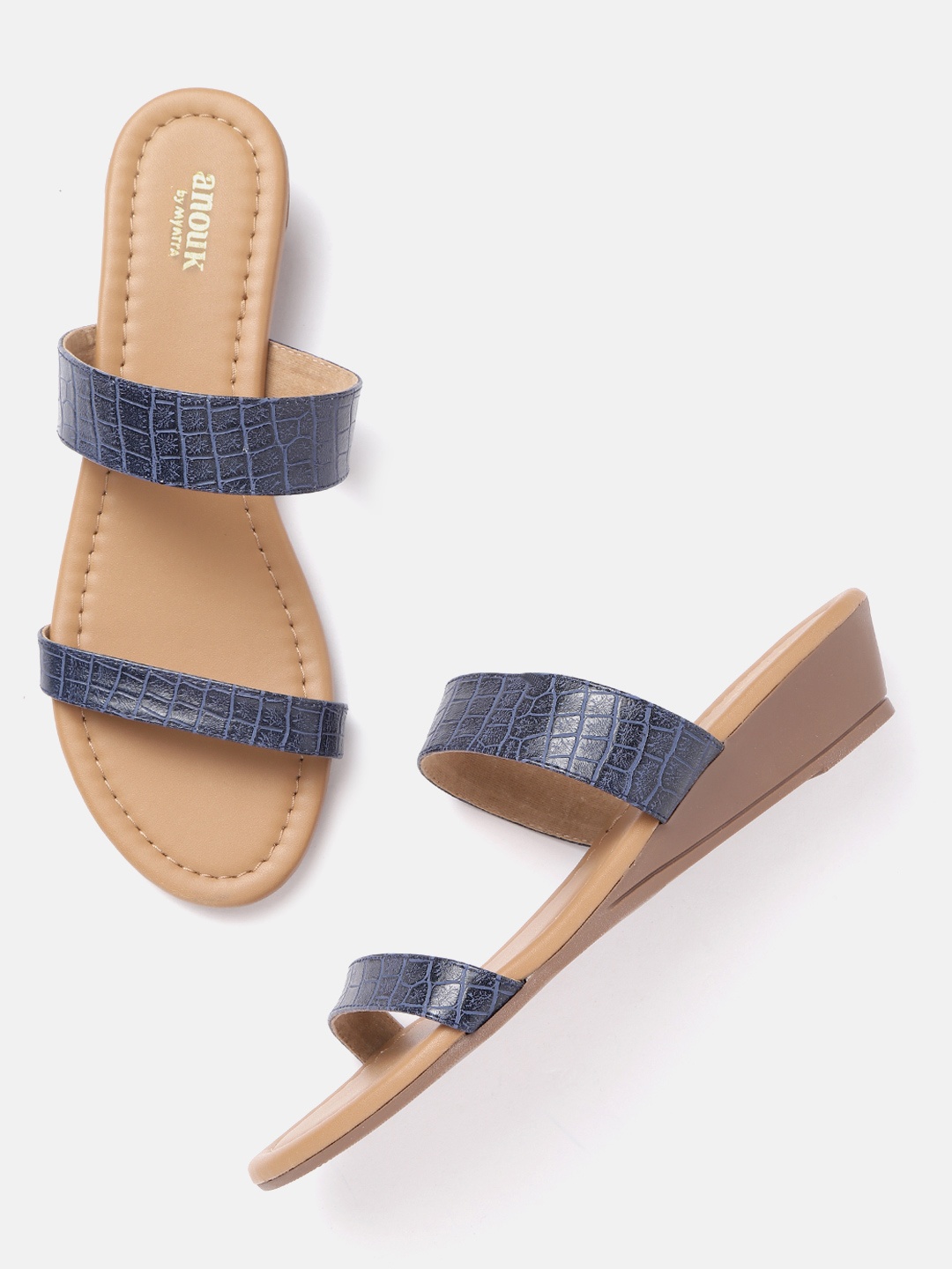

Anouk Women Blue & Charcoal Grey Croc Textured Wedges
