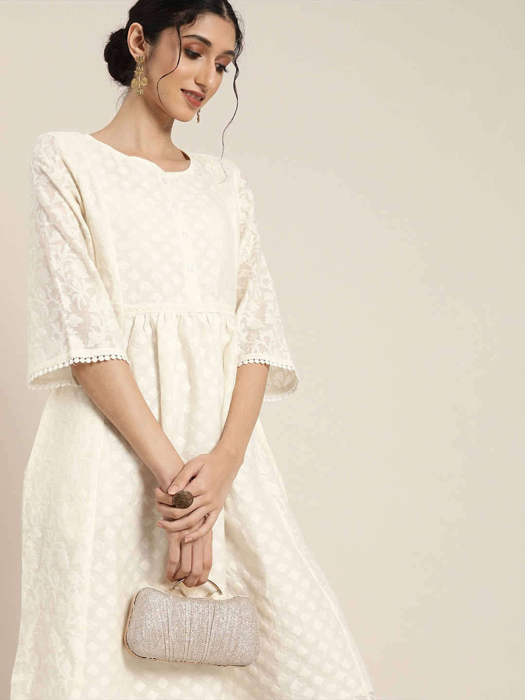 

Taavi Off White Kora Woven Design Fit and Flare Ethnic Dress