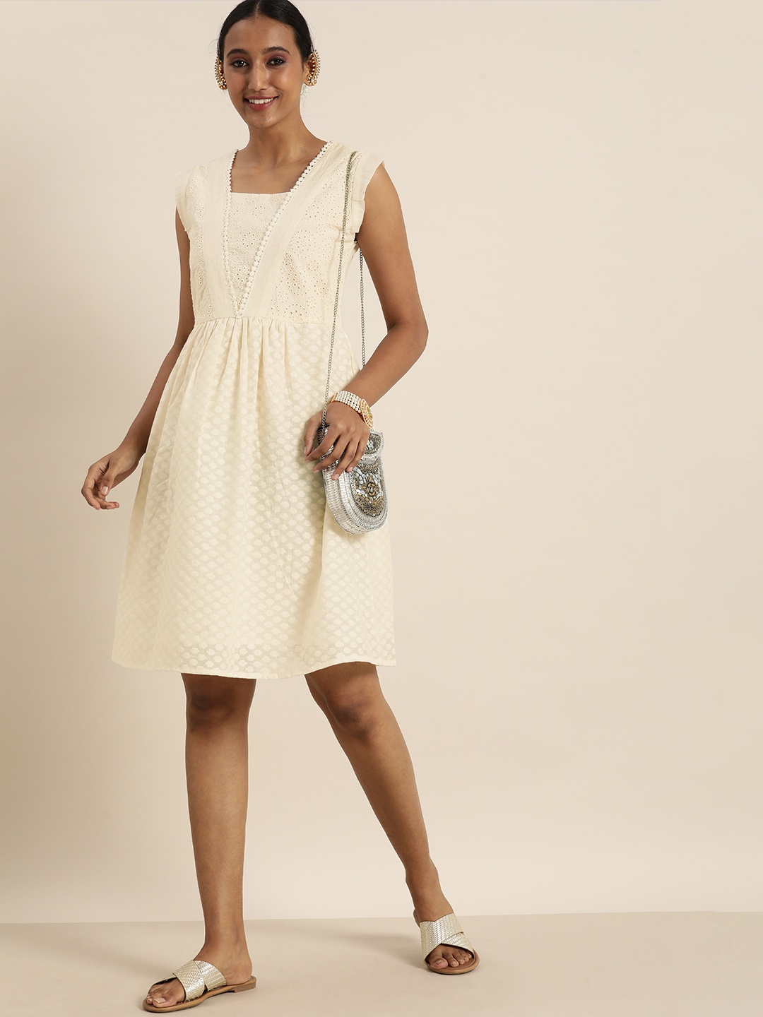 

Taavi Off White Cora Woven Design Sustainable A-Line Dress with Pocket