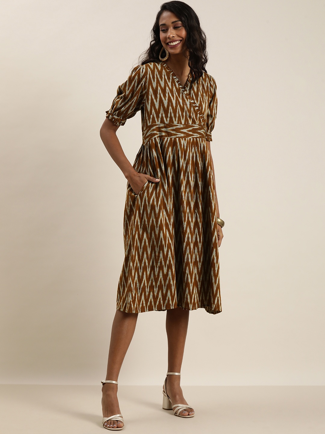 

Taavi Women Brown & White Ikat Woven Design A-Line V-Neck Susutainable Dress with Gathers