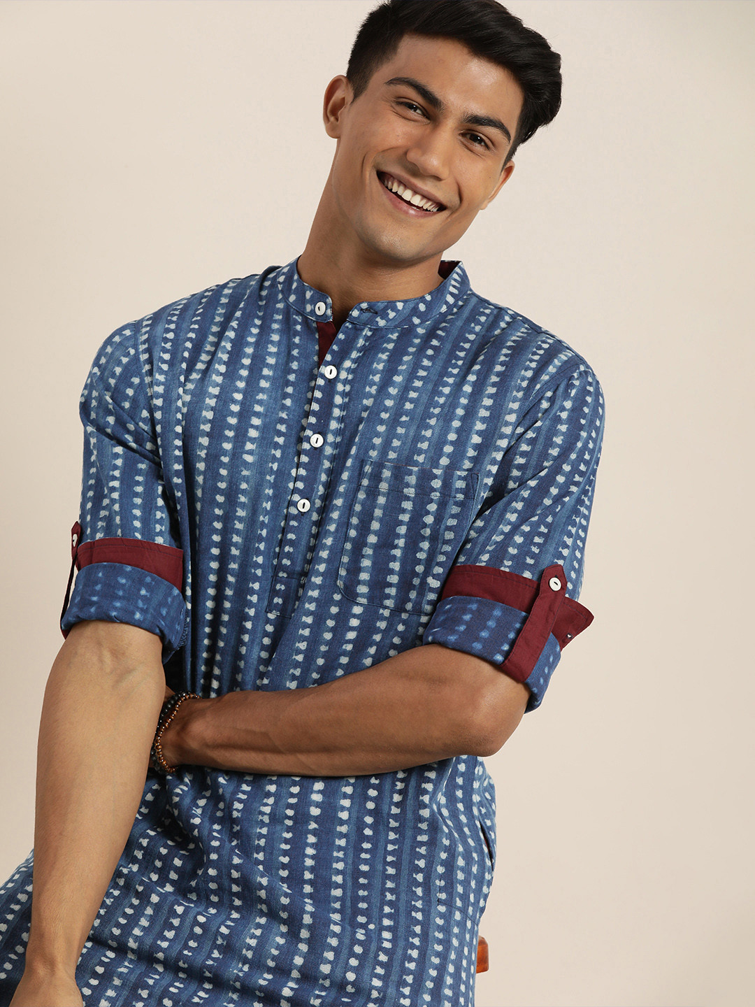 

Taavi Men Blue & White Indigo Hand Block Printed Sustainable Kurta