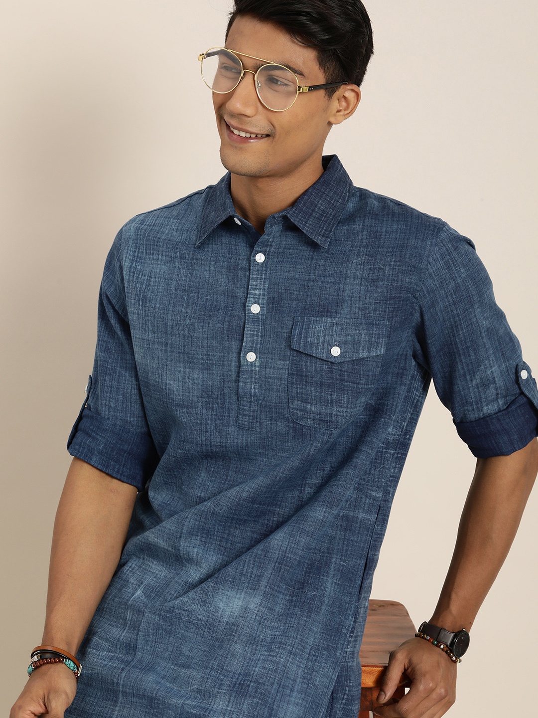 

Taavi Men Navy Blue Indigo Dyed Sustainable Kurta with Shirt Collar