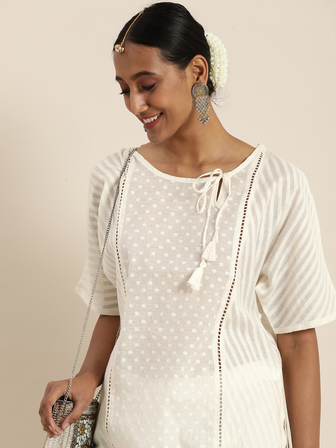 

Taavi Women Off-White Cora Handcrafted Woven Design Straight Kurta