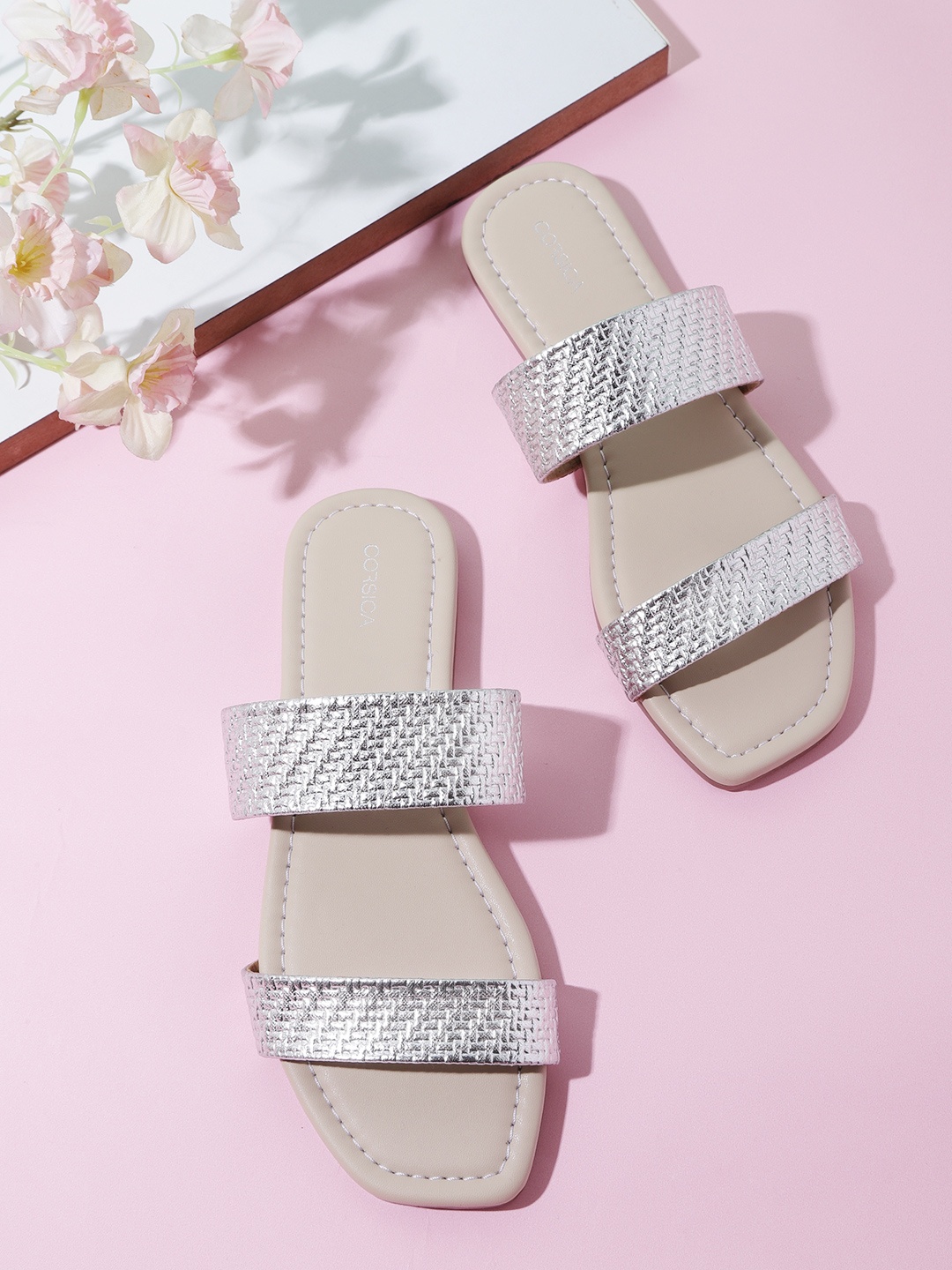 

CORSICA Women Silver-Toned Basket Weave Textured Open Toe Flats