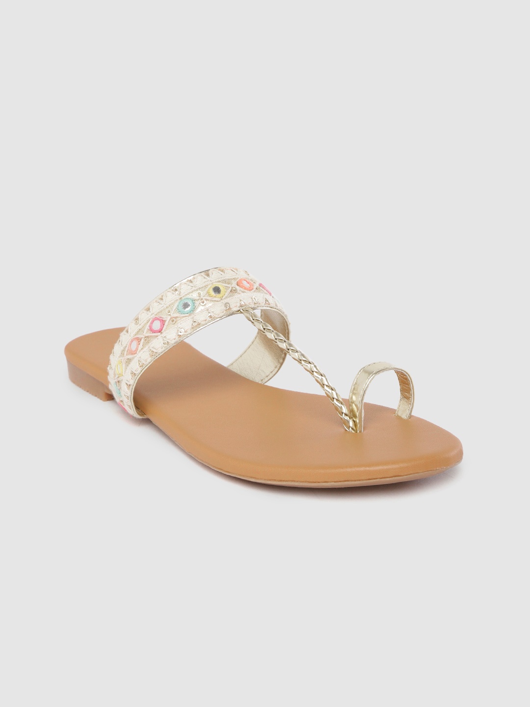 

Anouk Women White & Gold-Toned Ethnic Embellished Mirror Work One Toe Flats