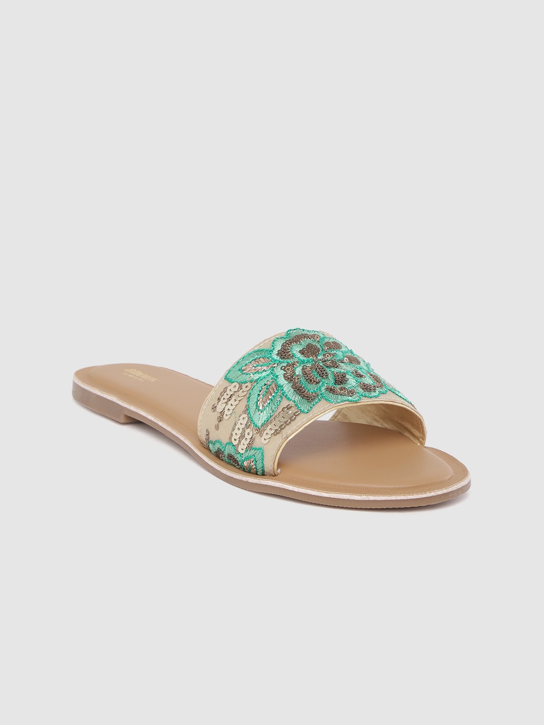 

Anouk Women Gold-Toned & Green Ethnic Embellished Open Toe Flats