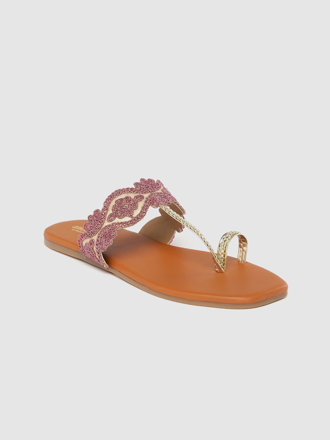 

Anouk Women Gold-Toned & Pink Ethnic Embellished One Toe Flats with Braided Detail