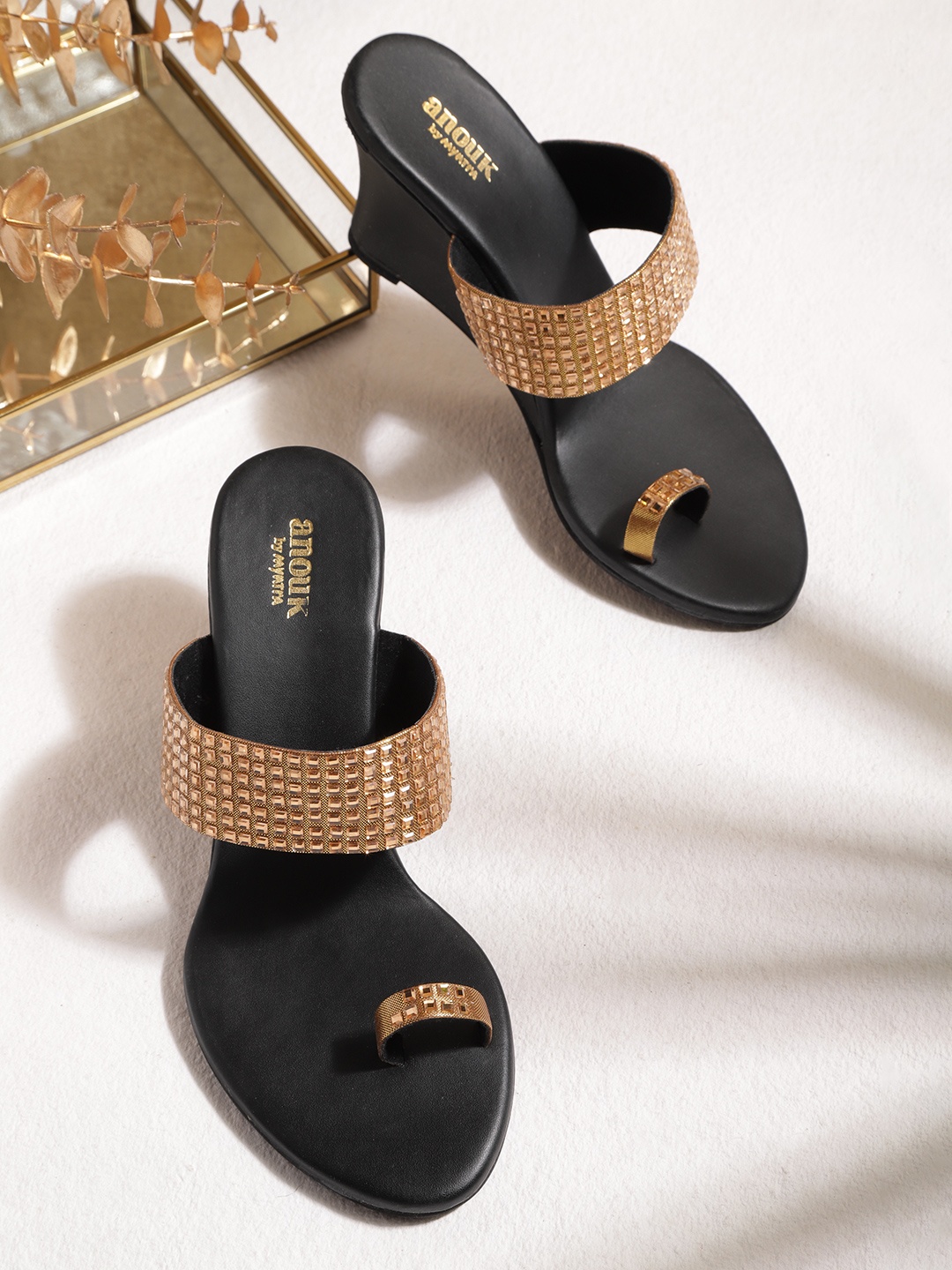 

Anouk Gold-Toned Embellished Ethnic Wedge Sandals