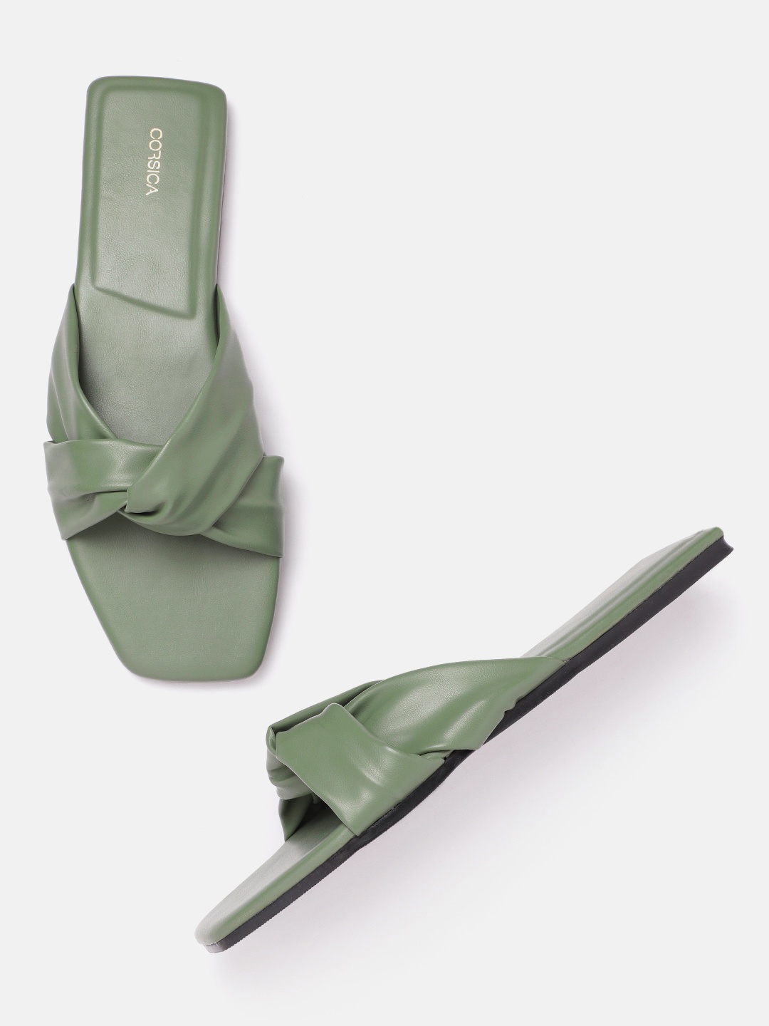 

CORSICA Women Olive Green Solid Open Toe Flats with Twisted Detail