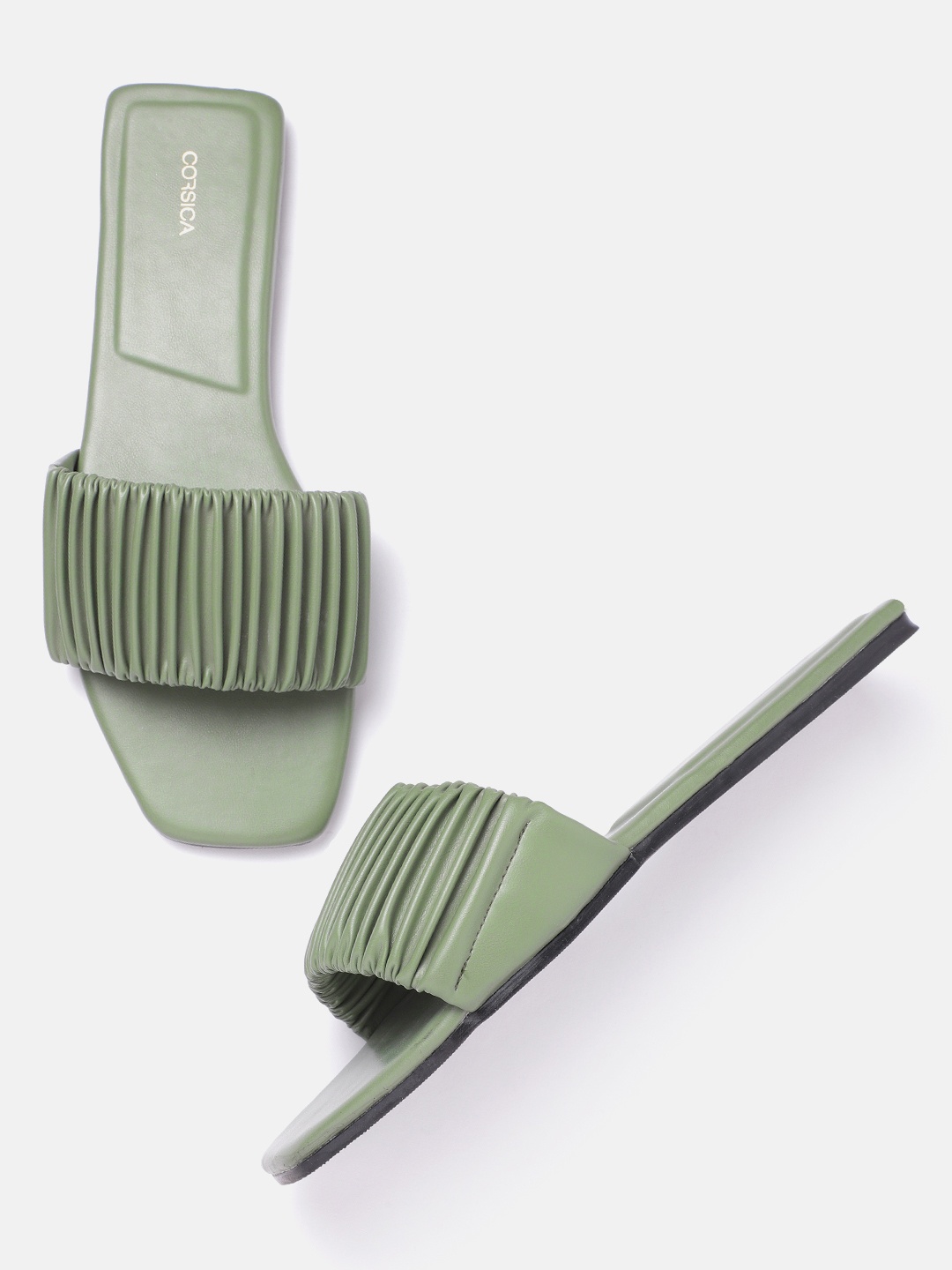 

CORSICA Women Olive Green Ruched Open Toe Flats