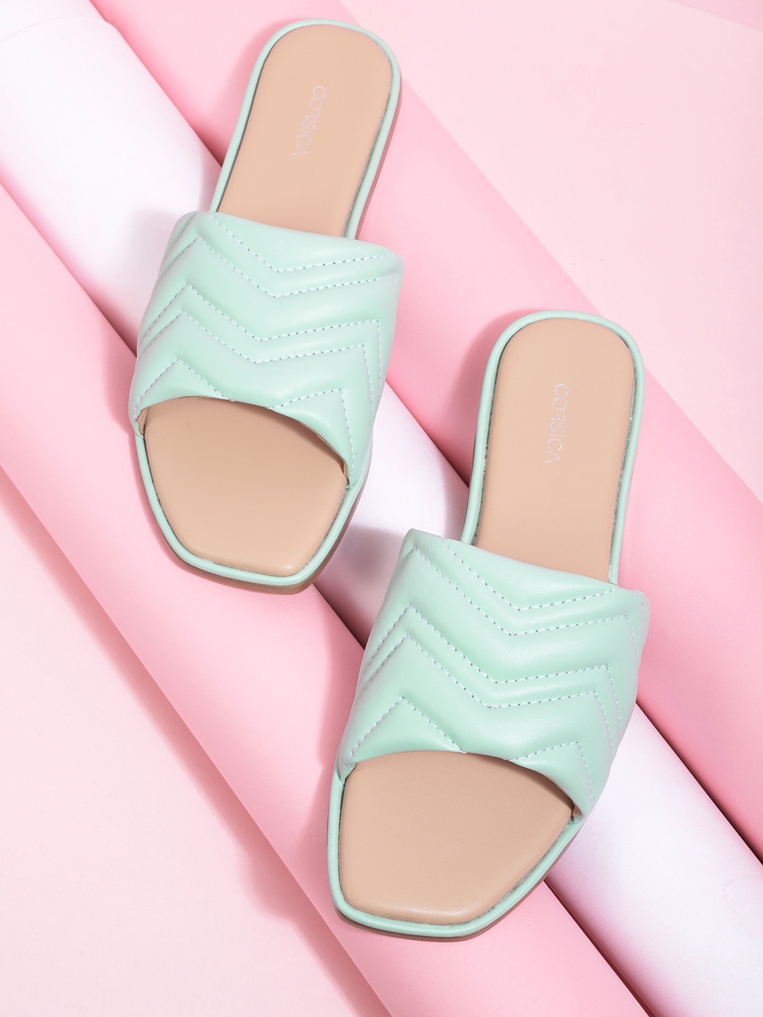 

CORSICA Women Mint Green Quilted Open Toe Flats