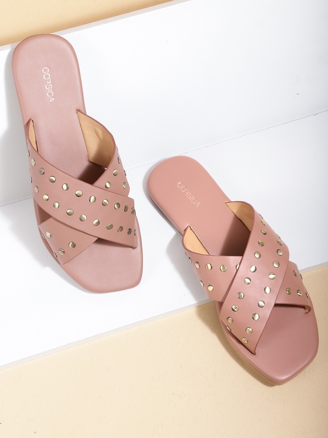 

CORSICA Women Nude-Coloured & Muted Gold-Toned Studded Open Toe Flats