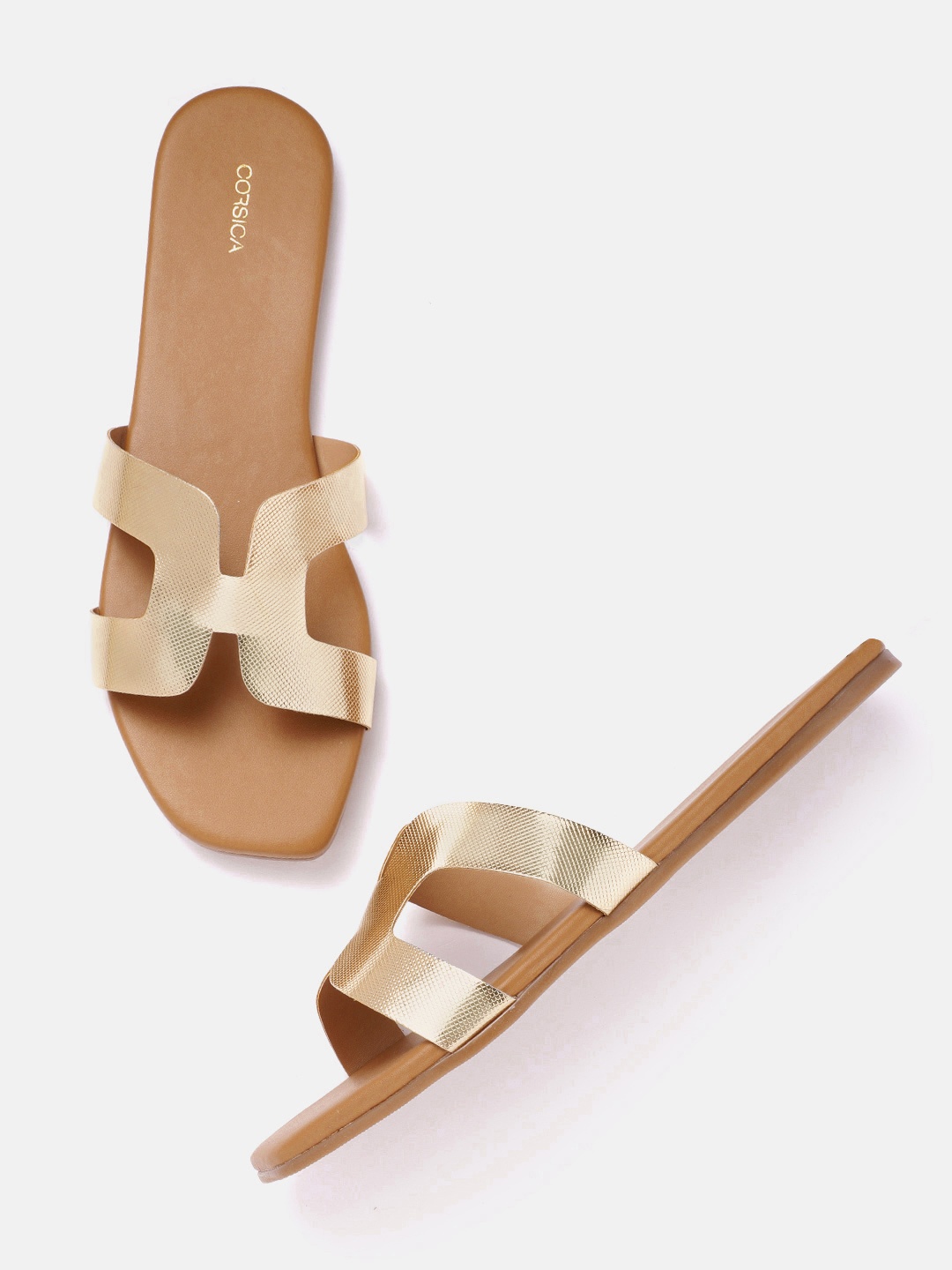 

CORSICA Women Gold-Toned Textured Open Toe Flats with Cut-Outs