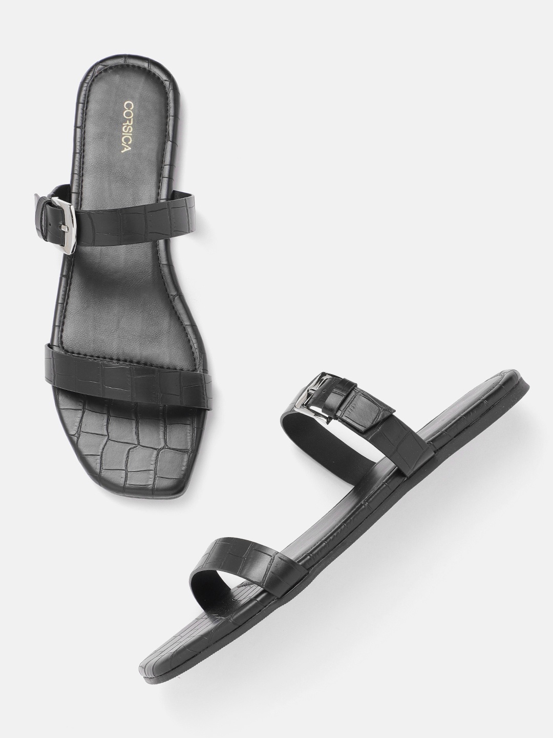 

CORSICA Women Black Croc Textured Open Toe Flats with Buckle Detail