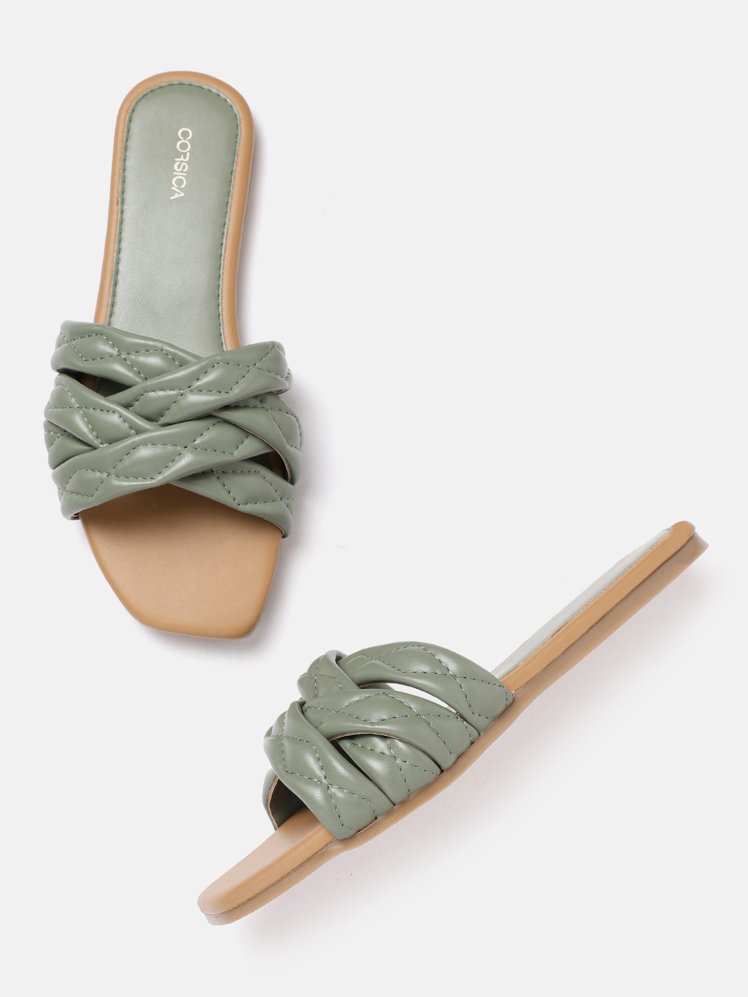 

CORSICA Women Olive Green Quilted Open Toe Flats