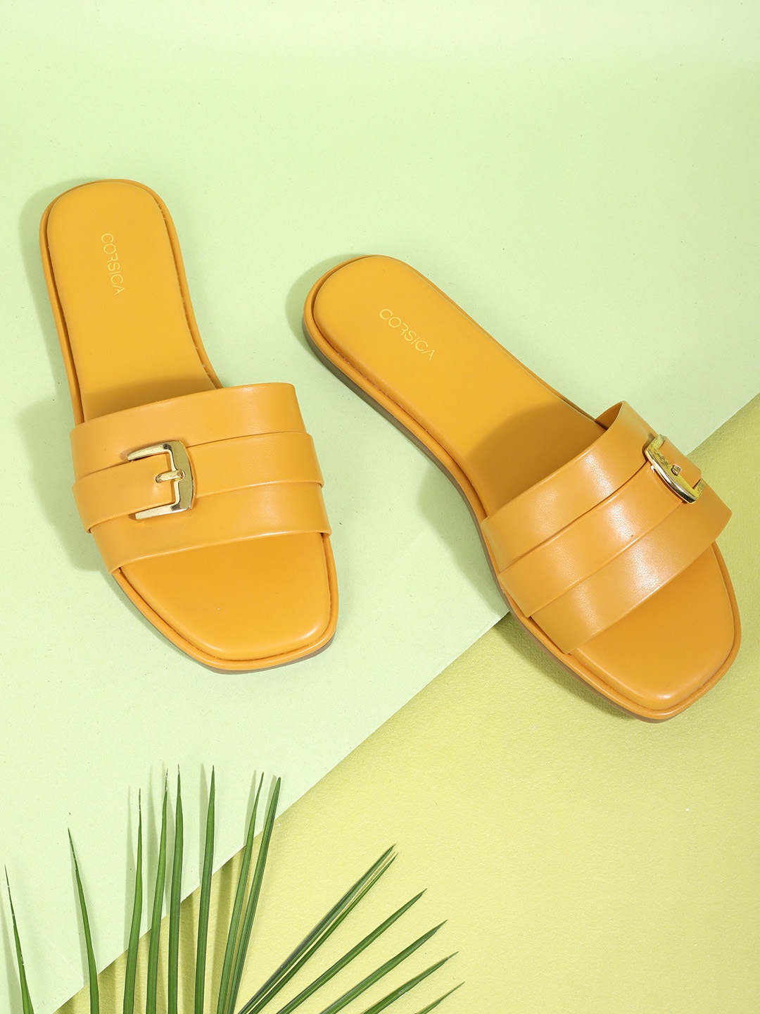 

CORSICA Women Mustard Yellow Solid Open Toe Flats with Buckles