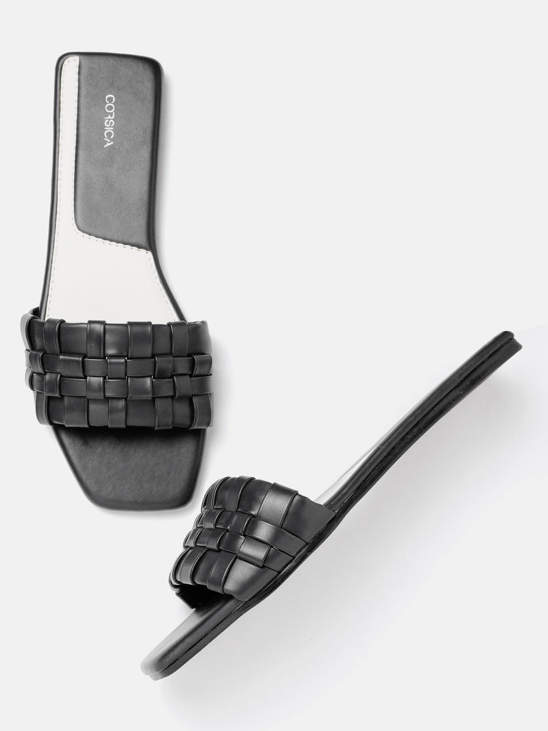 

CORSICA Women Black Basketweave Textured Open Toe Flats