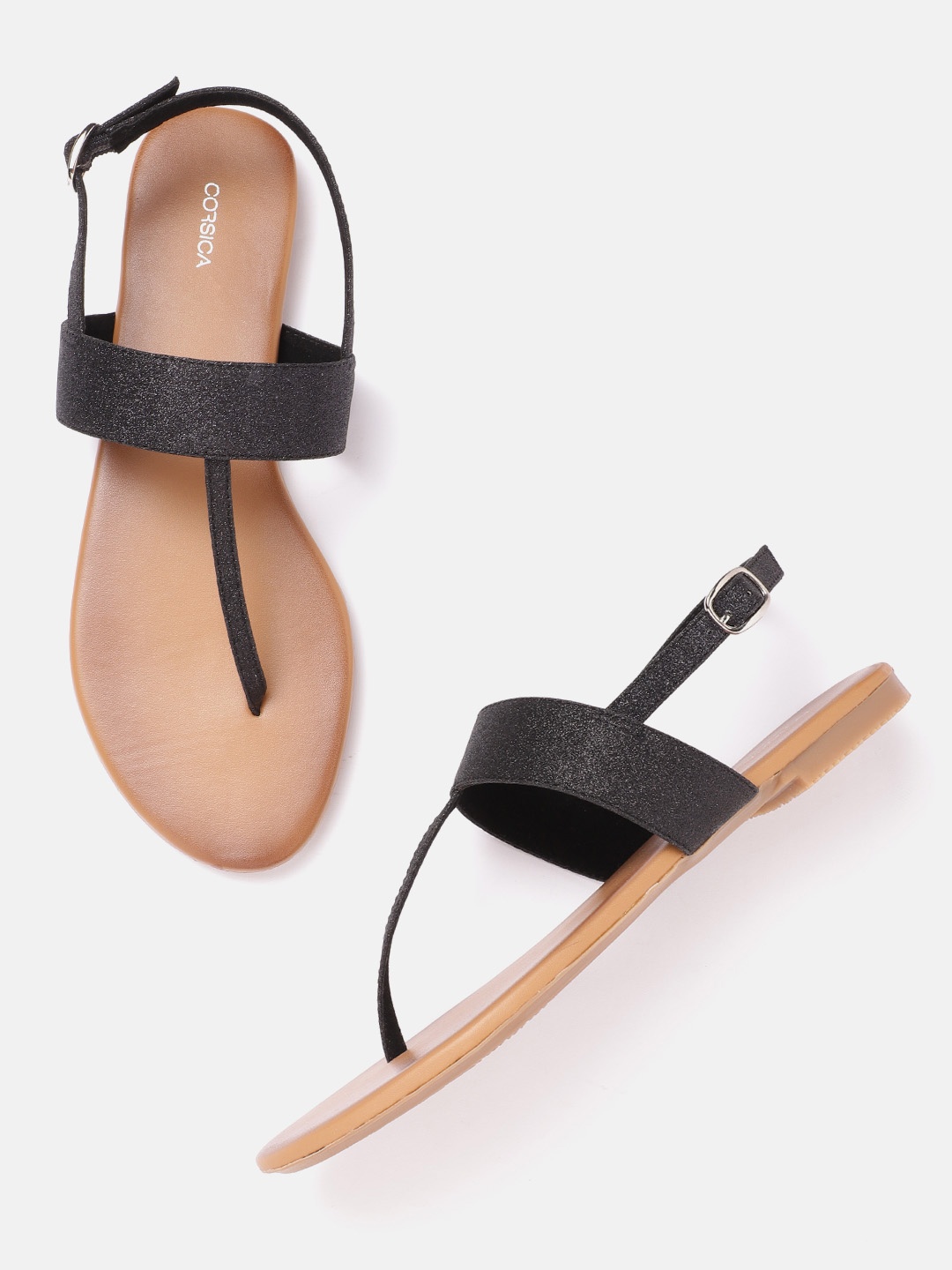 

CORSICA Women Black Glitter T-Strap Flats
