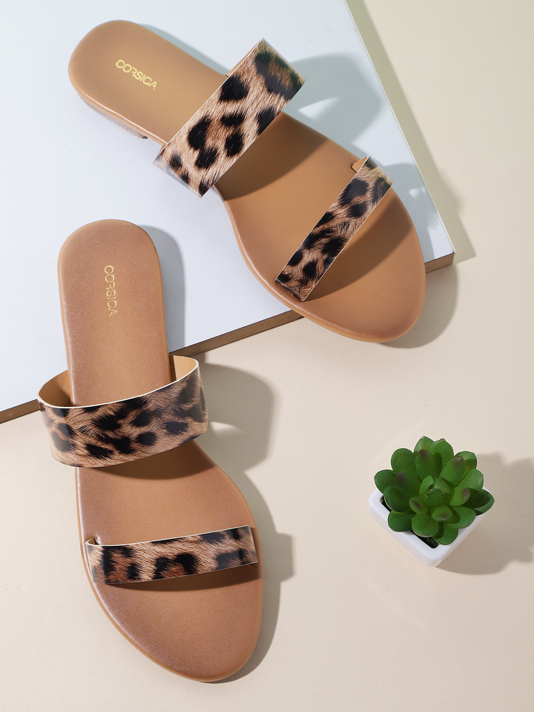 

CORSICA Women Black & Beige Leopard Print Open Toe Flats