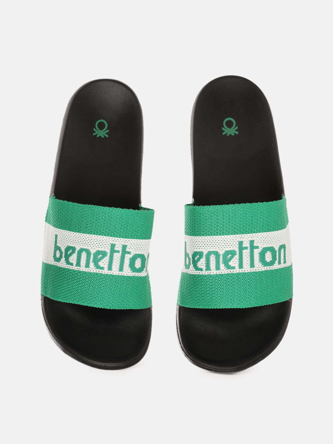 

United Colors of Benetton Men Green & White Woven Striped Sliders