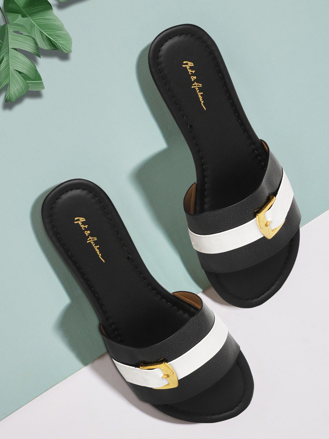 

Mast & Harbour Women Black & White Striped Open Toe Flats with Buckle Detail