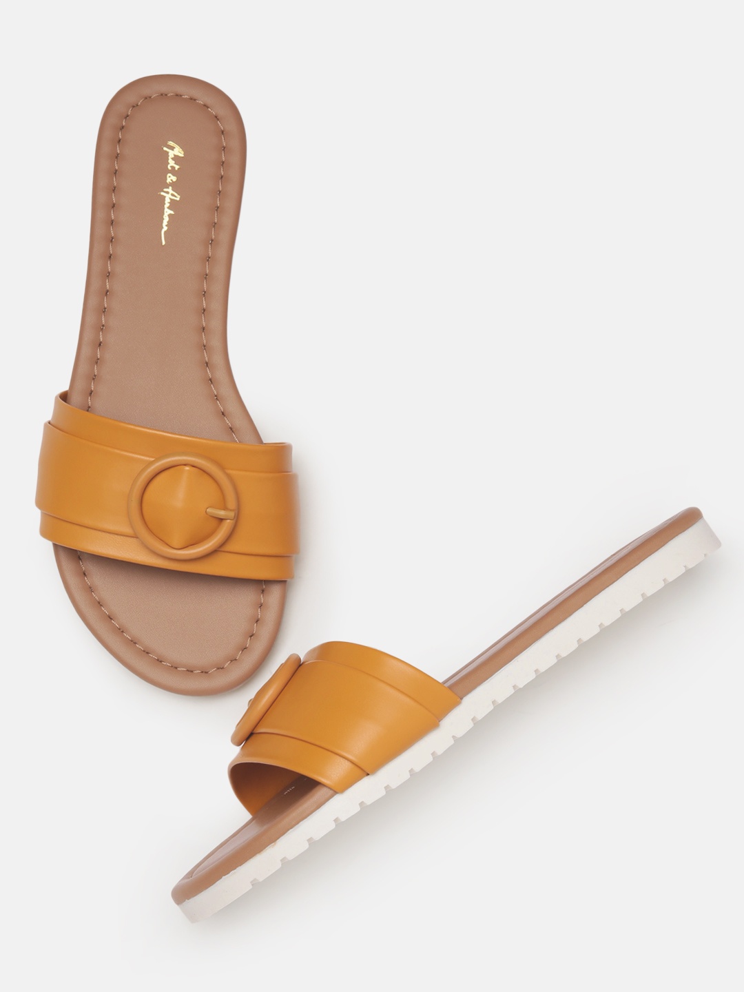 

Mast & Harbour Women Mustard Yellow Solid Open Toe Flats with Buckle Detail