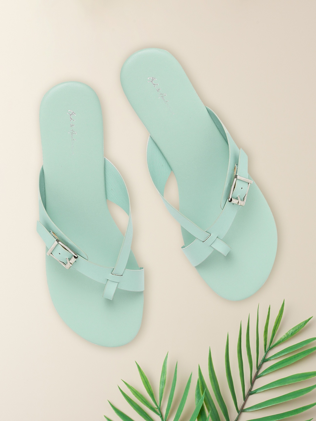 

Mast & Harbour Women Mint Green Solid Open Toe Flats with Buckle Detail