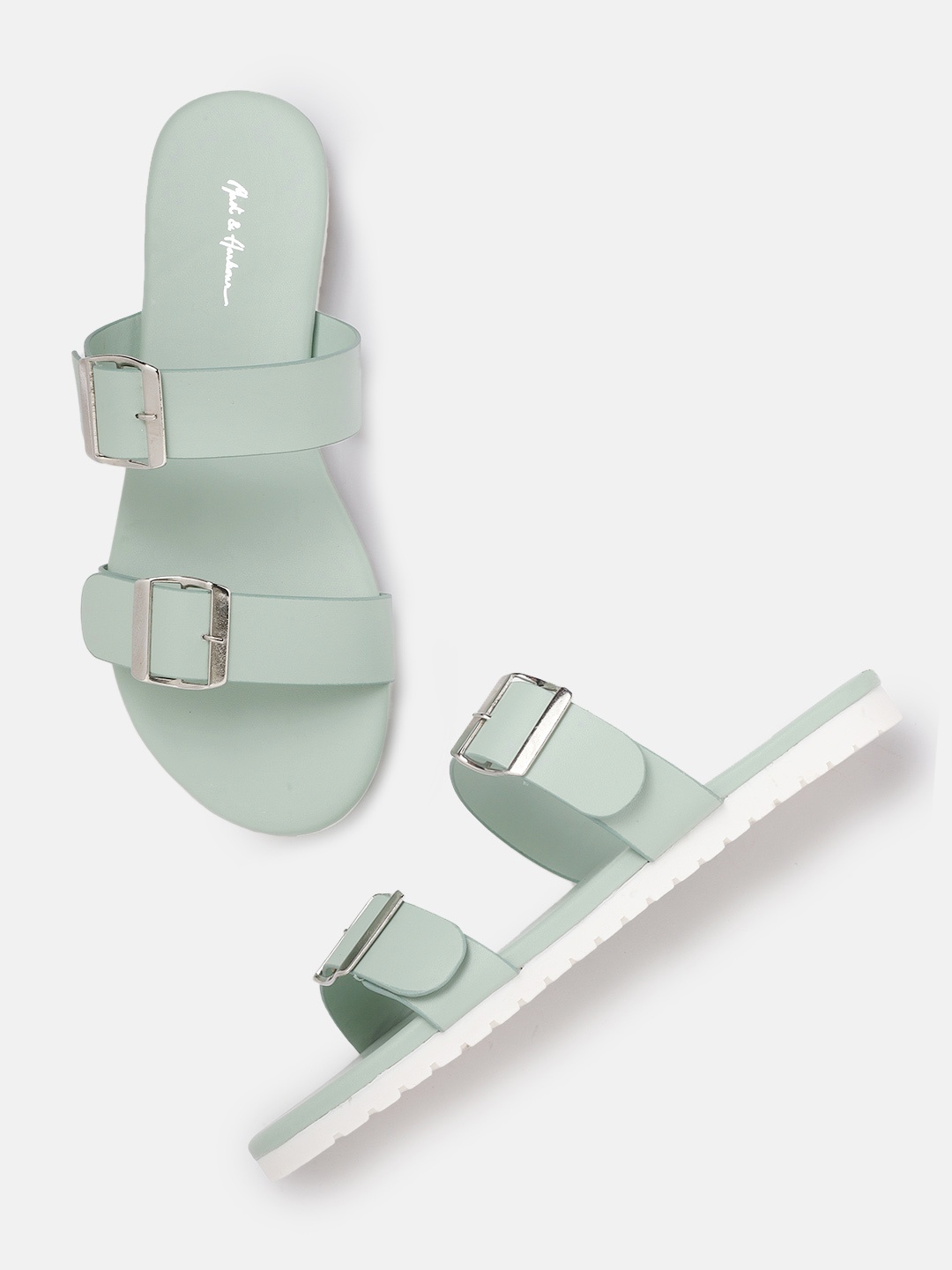 

Mast & Harbour Women Mint Green Open Toe Flats with Buckle Detail