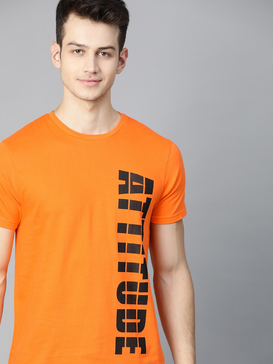 

HERENOW Men Orange Black Typography Printed Pure Cotton T-shirt