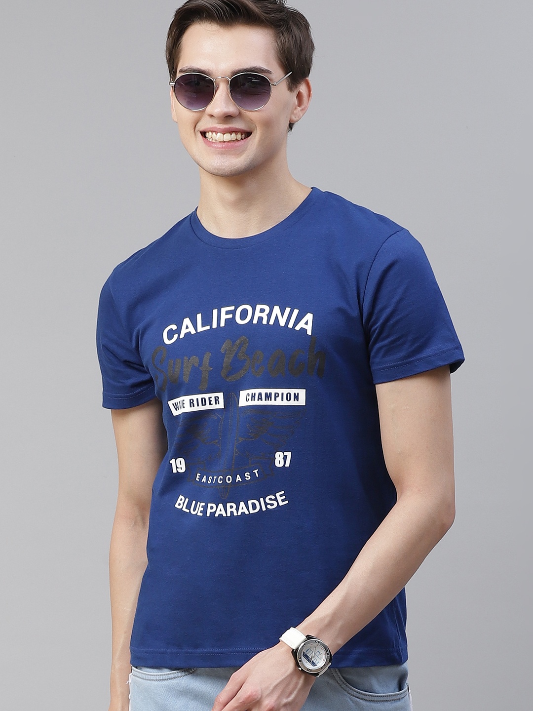 

HERE&NOW Men Blue & White Pure Cotton Printed T-shirt