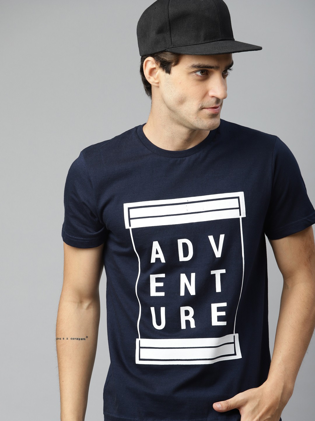 

HERE&NOW Men Navy Blue Printed Round Neck T-shirt