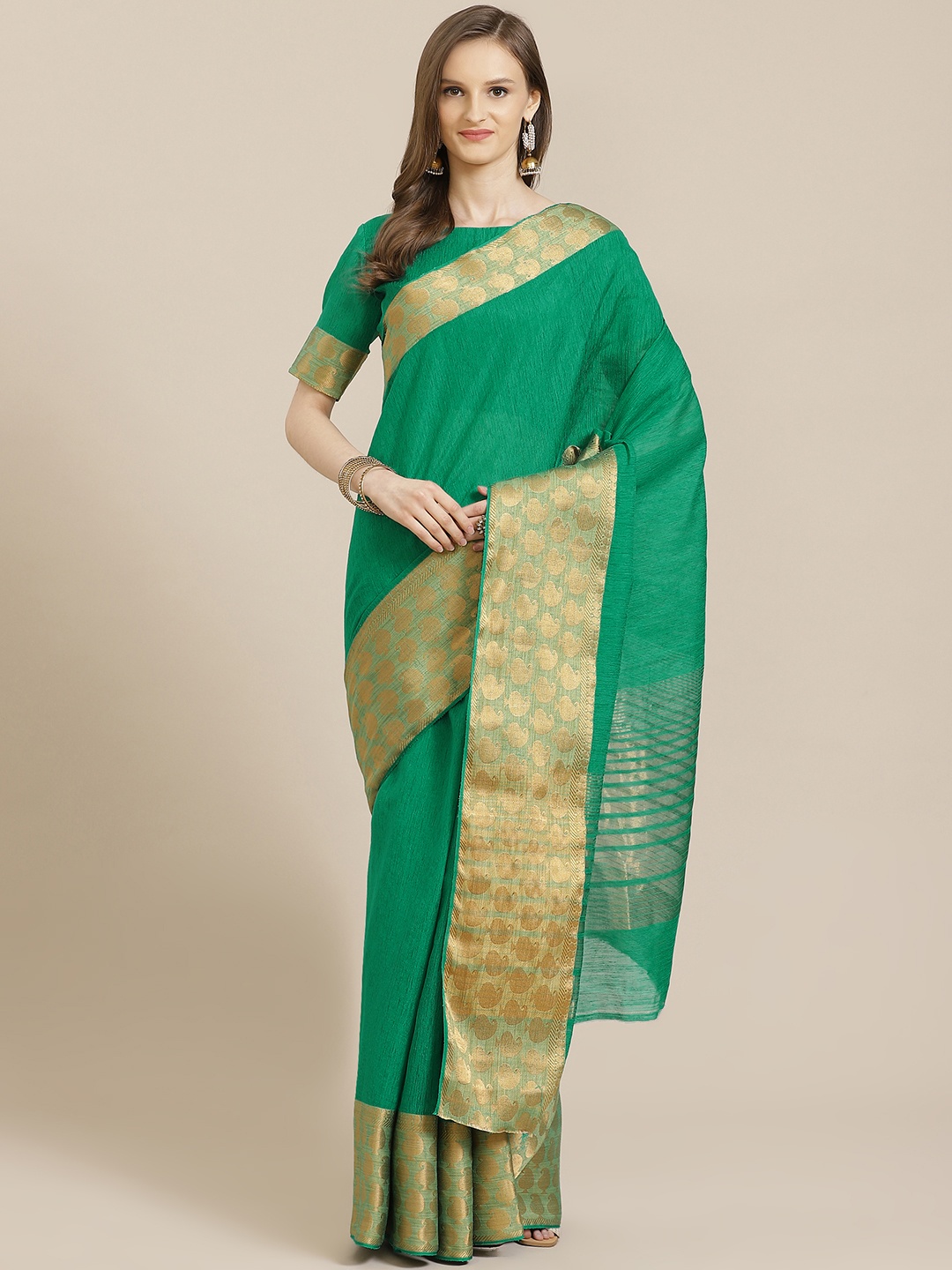 

Mitera Green & Golden Solid Saree with Woven Design Border