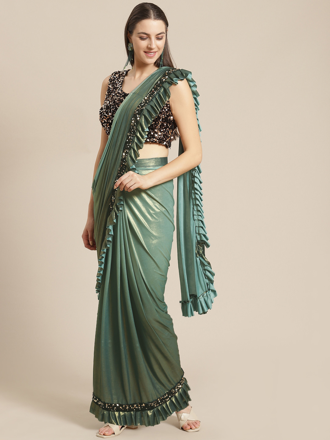 

Mitera Green Dual Tone Effect Ready To Wear Ruffle Saree