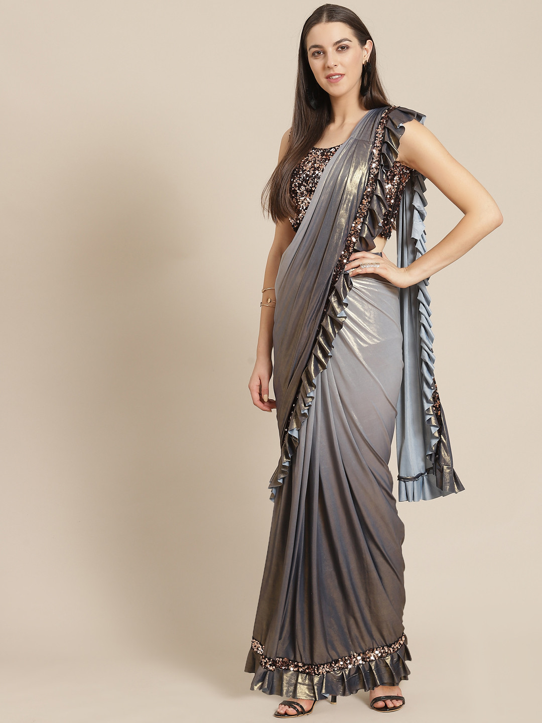 

Mitera Grey Dual Tone Effect Ready To Wear Ruffle Saree