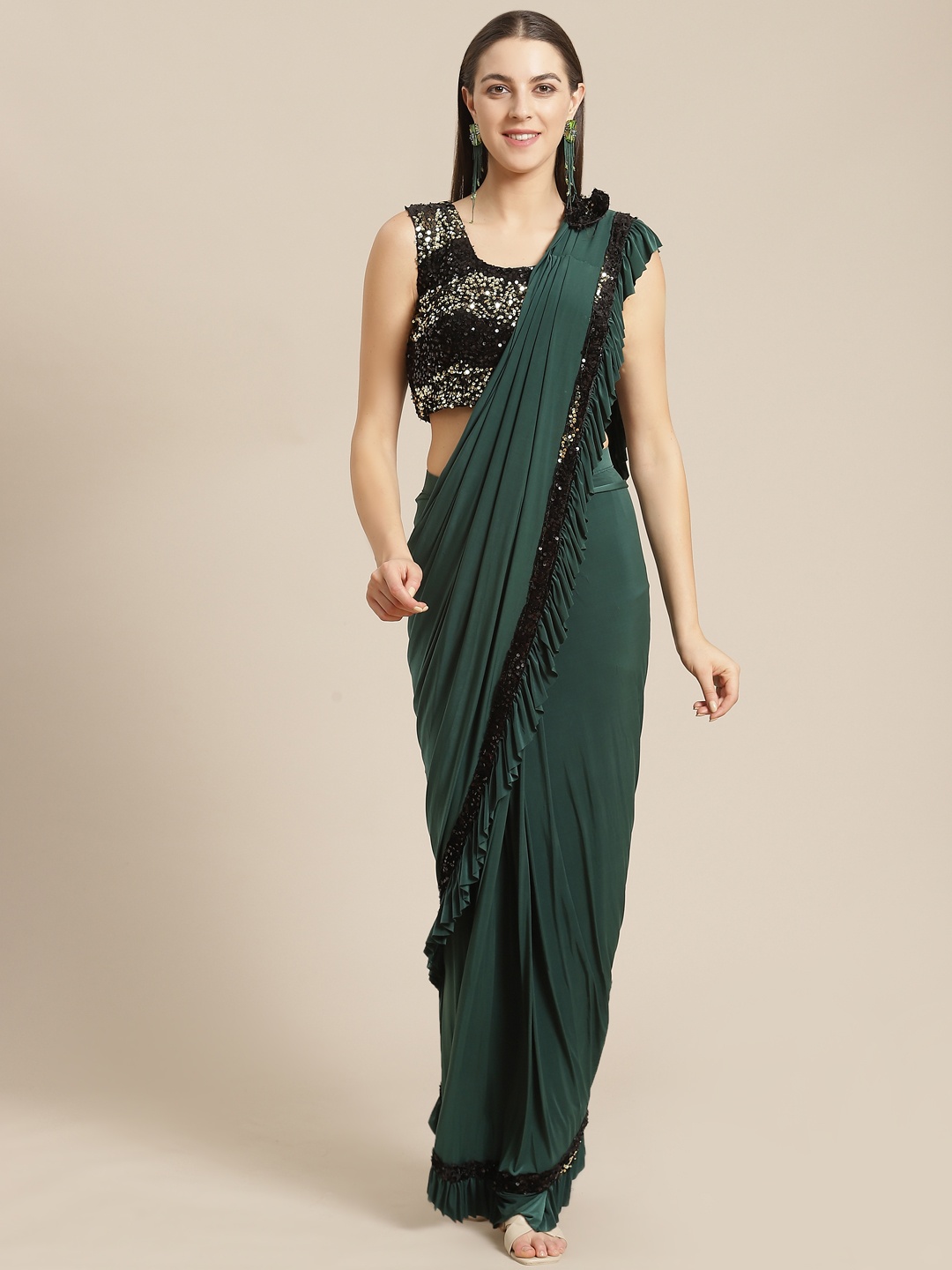 

Mitera Green Solid Solid Ready To Wear Ruffle Saree
