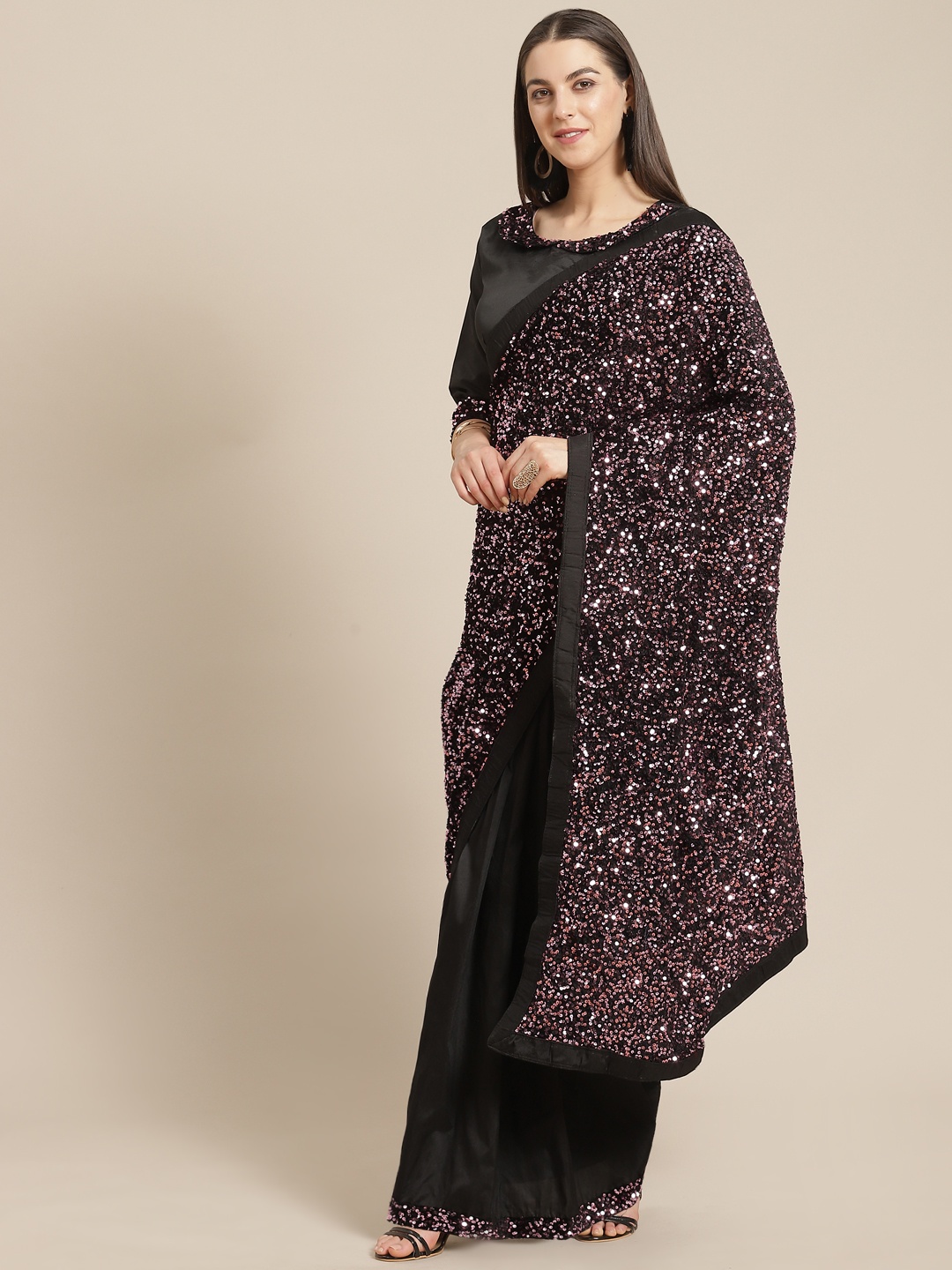 

Mitera Black & Pink Sequinned Half n Half Ready To Wear Saree