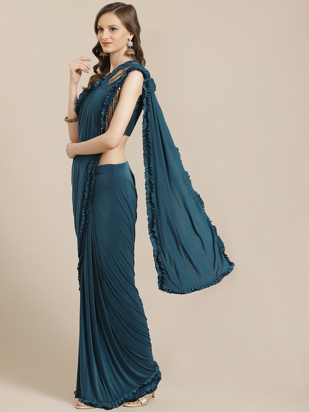 

Mitera Teal Blue Solid Ready To Wear Ruffle Saree