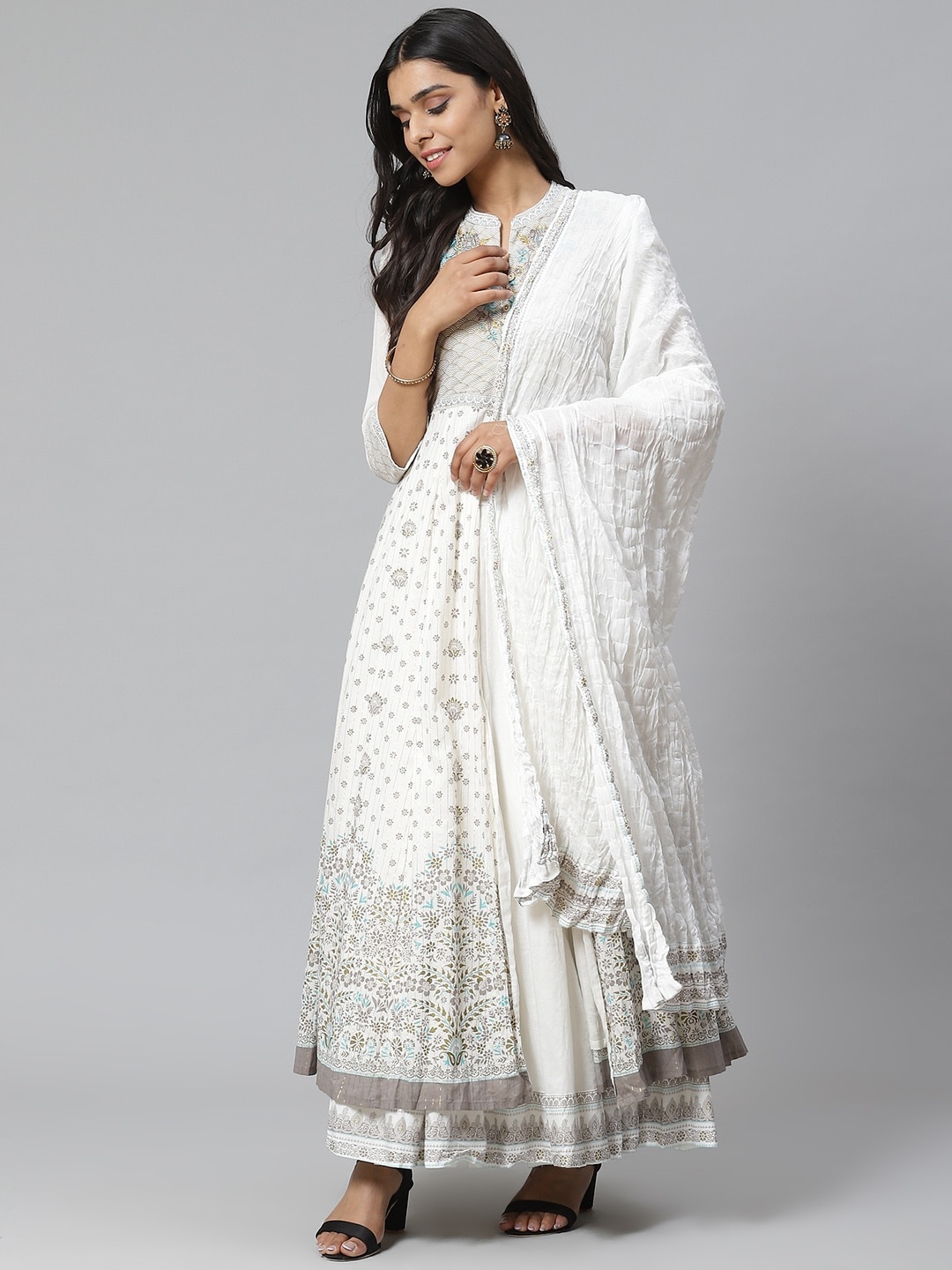 

Biba Women Off-White & Grey Ethnic Motifs Print Anarkali Kurta with Skirt & Dupatta