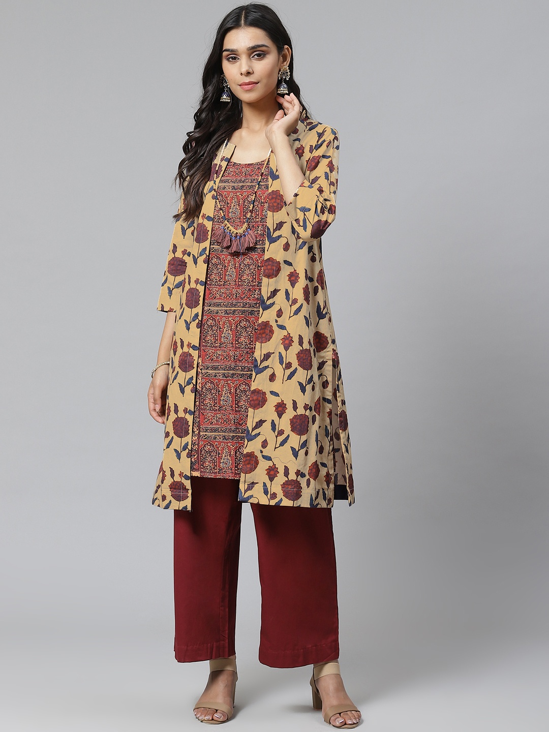 

Biba Women Beige & Maroon Printed Kurta with Palazzos & Ethnic Jacket
